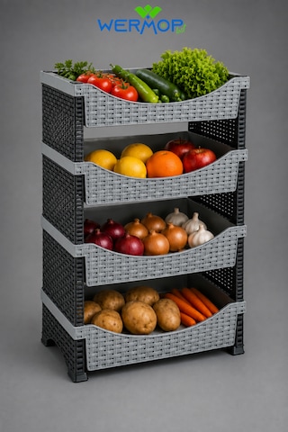 4 Katlı Rattan Görünümlü Plastik Sebzelik Bej Mutfak Organizer Raf - Gümüş