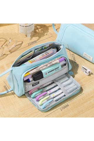 Geniş Büyük Kapasiteli Çok Fonksiyonlu Pastel Renkli Kalemlik Kalem Kutusu Çantası Makyaj Çantası Orijinal Angoo Büyük Kapasiteli Twill Kalemlik - Kalem Kutusu Mavi