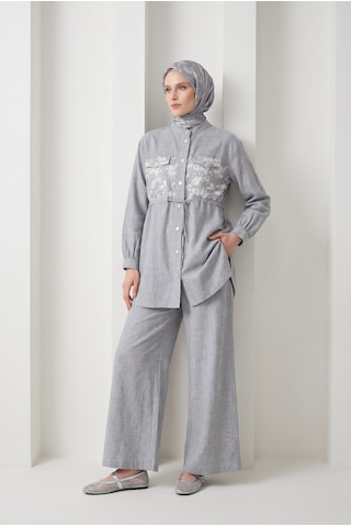 Armine Trend Çiçek Desenli Beli Büzgülü Tunik Ve Geniş Paça Pantolonlu Takım İndigo 26yt6156