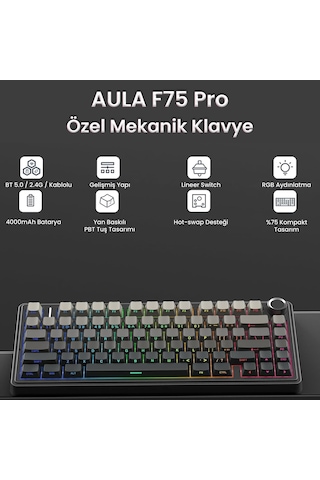 Aula F75 Mekanik Rgb Tkl Reaper Switch Kablosuz Makrolu Hot Swap Klavye Gradyan Gri