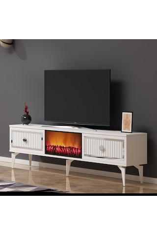 Flame Şömineli Tv Sehpası-ünitesi Beyaz-Gümüş