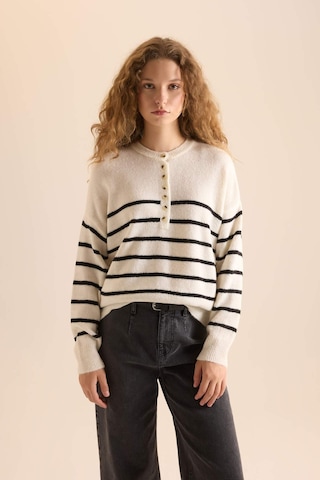 DeFacto Oversize Geniş Kalıp Düğmeli Yaka Çizgili Triko Kazak D4913AXNSER105 Ekru