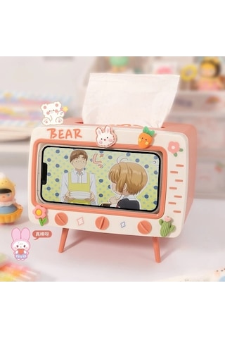 Createtech Gri-sevimli Çok Fonksiyonlu Doku Kutusu Ev İçin Kawaii Tutucu Kare Masaüstü Dekor Tv Doku Kutusu Kasa Pembe Telefon Tutucu Depolama Organizatör/ Pembe