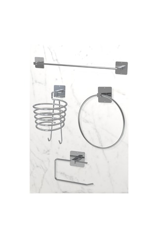 Karteya Yapışkanlı Gümüş Rulo Ve Uzun Havluluk Wc Kağıtlık Ve Fön Askısı Havluluk Banyo Mutfak 4'lü Set Krom