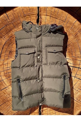 Çocuk Kapüşonlu Cep Detaylı Şişme Kalın Yelek-15008 Haki