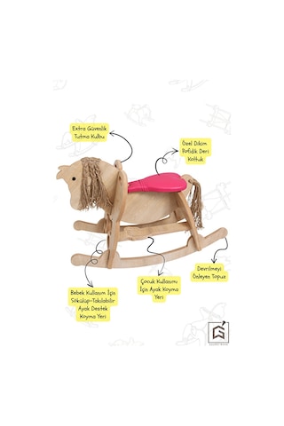Ahşap Sallanan At-deri Koltuklu-ayak Destekli- Yeni Model -pembe