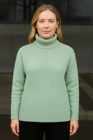Balıkcı Yaka Bağazlı Triko Kazak Pamuklu Kalın Fitilli Dokuma - Mint Yeşili Mint Yeşili