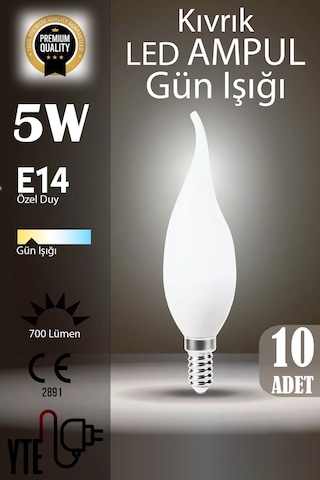 Gün Işığı Kıvrık Mum Led Ampul E14 Duy 5w 10 Adet