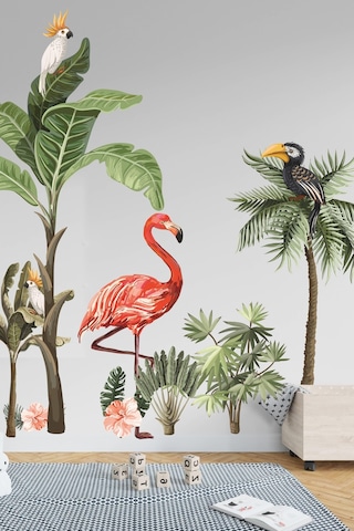 MSticker Flamingo Ve Kuşlar Safari Tropikal Hayvanlar Ve Ağaçlar Çocuk Bebek Odası Duvar Sticker