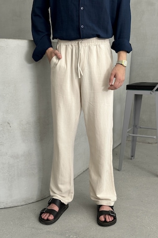 Erkek Beli Lastikli Baggy Kalıp Keten Pantolon Bej