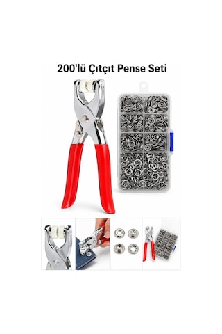 200 Adet Paslanmaz Çelik Metal Çıtçıt Düğme Ve Hobi Pense Seti Çıt Çıt Makinesi