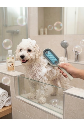 Hazneli Evcil Hayvan Duş Tarağı Kedi Köpek Tüy Toplayıcı Masaj Fırçası Mavi