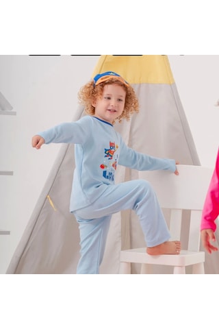Süper Heros Çanta Ve Maskeli % 100 Pamuk Erkek Çocuk Pijama Takımı Mavi