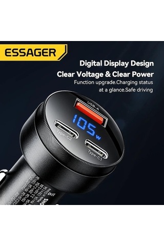 Monyee Essager 105w Süper Hızlı Şarj 2c+a Üç Portlu Alüminyum Sayısal Göstergeli Araç İçi Telefon Şarj Cihazı Siyah Siyah