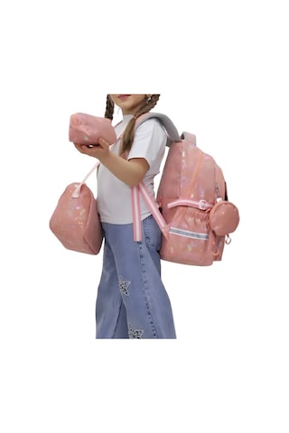 3 Lü Kız Çocuk Okul Çantası Sırt Çantası, Beslenme Çantası, Kalemlik Pembe