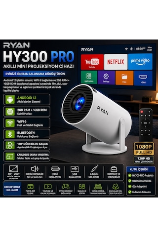 Hy300 Pro Akıllı Projektör 2gb Ram 16gb Rom Android Wifi 6 Bluetooth 5.0 4k Destekli