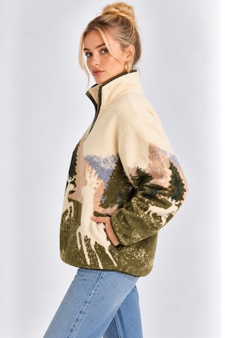 Mevese Cepli Ve Yarım Fermuarlı Dik Yaka Desenli Kadın Oversize Polar Sweat - Krem-yeşil