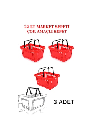 22 Litre 3 Adet Market Sepeti, Alışveriş Sepeti, Saplı Market Sep