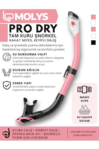 Molys Angel Dalış Maskesi + Antı Fog Buğu Önleyici Film + Pro Full Dry Tam Kuru Şnorkel + Maske Koruma Kutusu Set Halinde Siyah - Pembe