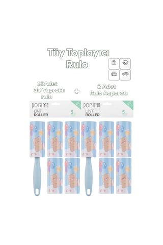 Porsima 3105 Kedi Köpek Tüy Toplayıcı Rulo + 10 Adet Rulo + 2 Adet Tutma Aparatı Toplam 300 Yaprak Mavi Mavi