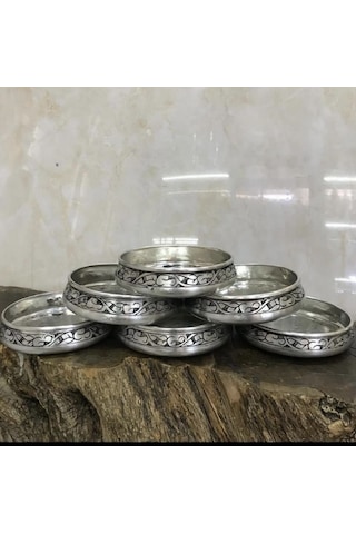 Dmt Gaziantep Bakır 6'lı Kahvaltı Tabağı Seti Kahvaltı Kasesi Çerezlik Seti El İşlemesi Çap:10 Cm Gümüş