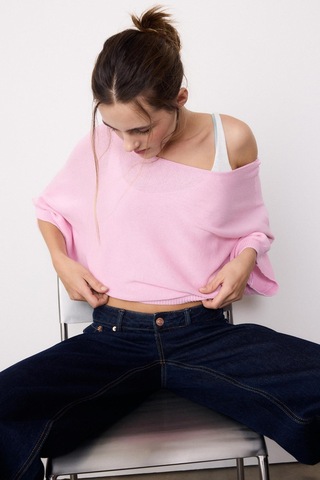 Madmext Pembe Geniş Yaka Çift Katlı Triko Kazak Mg2780