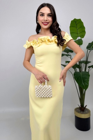 Arlina Madonna Yaka Göğüs Büzgülü Uzun Sarı Abiye Elbise Sarı