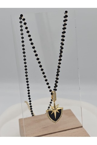 Siyah Taşlı Dorika Boncuklu Çelik Kalkan Kolye Siyah