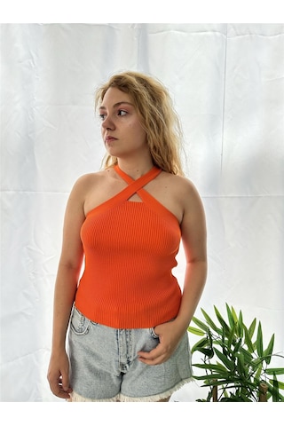 Simli Moda Önü Çapraz Turuncu Triko Bluz - Kadın Turuncu