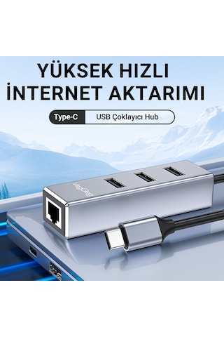 Veggieg Usb Type-c To 100mbps Ethernet Çevirici Ve 3 Portlu Usb Hub Çoklayıcı
