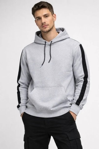 Defymoda Erkek Şeritli Kapüşonlu Sweatshirt Oversize 3 Iplik Pamuklu - Beyaz Beyaz