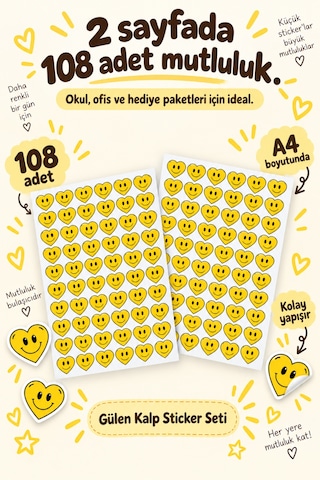 Gülen Kalp Sticker Seti 108 Adet 2 Sayfa Sarı Gülücük Kalp Sticker Defter, Laptop, Hediye Süsleme Etiketi Çok Renkli