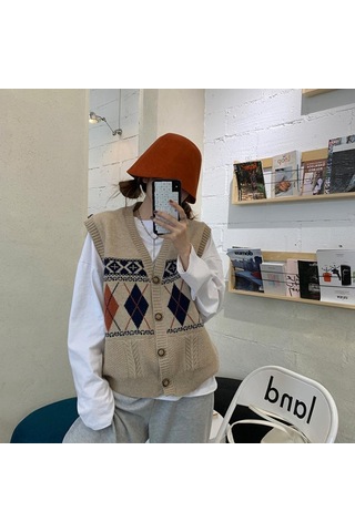 Moda V Yaka Örme Yelek Kadın Sonbahar Yeni Gevşek Montaj Vintage Hırka Kolsuz Üst Lacivert