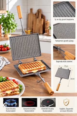 Porsima Çift Taraflı Granit Tost Tavası 17x23 Cm Granit Kaplama Ahşap Saplı Ocak Üstü Tost Makinesi