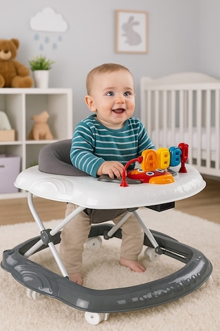 Cookie Ayarlanabilen Müzikli Yumuşak Pedli Lüks Yürüteç Gri