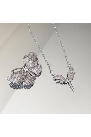 Mikail Meleği Taşlı Çelik Kolye Broş Set Çok renkli