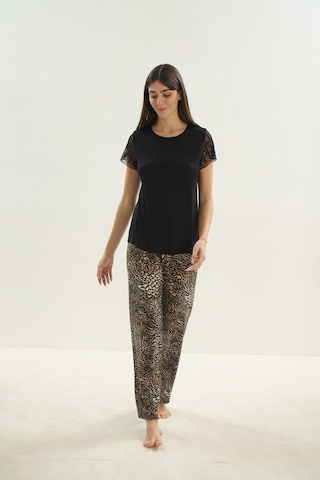 Kadın Uzun Kol Dantel Detaylı Viscone Siyah Pijama Takım 16033 001