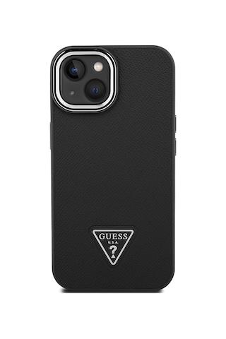 Apple Uyumlu iPhone 14 Kılıf Guess Lisanslı M-safe Şarj Özellikli Grained Triangle Kapak Siyah