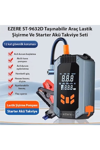 Ezere ST-9632D Taşınabilir Araç Lastik Şişirme ve Starter Akü Takviye Seti