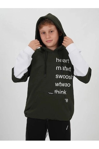 Çocuk Pamuklu Kapüşonlu Heart Mat Yazılı Sweatshirt-14830 Haki