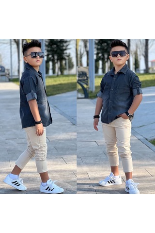 Modavals Tensel Denim Gömlek Gabardin Pantolon Erkek Çocuk Alt & Üst Takım Siyah