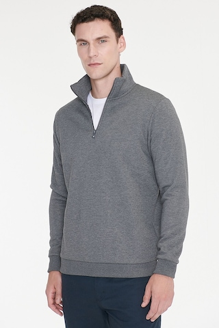 AC&Co / Altınyıldız Classics Standart Fit Normal Kesim İçi Polarlı Bato Yaka Pamuklu Erkek Sweatshirt Antrasit Melanj Antrasit