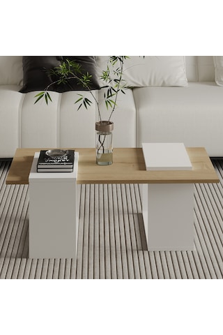 Matris Modern Orta Sehpa Geometrik Tasarım Ve Şık Detaylar Beyaz/safir Meşe