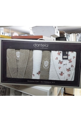 Dantela Premium Soft Nakışlı Aile Bornoz Seti-Gülce Krem Bej Krem - Bej
