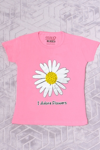 Hçm Kız Çocuk Tshirt Papatya Baskılı Bisiklet Yaka D26 Pembe