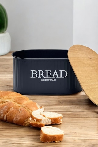 Ahşap Kapaklı Metal Ekmeklik Siyah Siyah