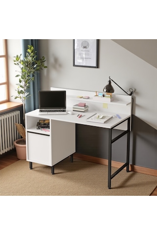 Robin Home Çalışma Masası Genç Çocuk Öğrenci Raflı Dolaplı Beyaz Beyaz