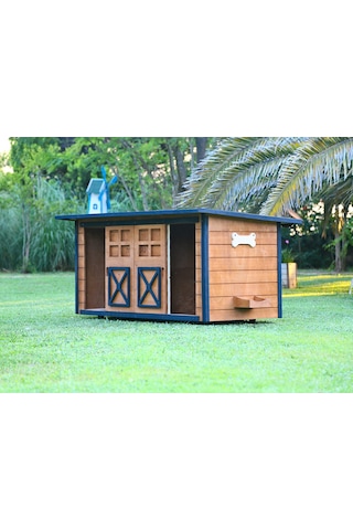 MANDU Ahşap İkiz Köpek Kulübesi (2 yuva tek kulübe) + İsimlik ve