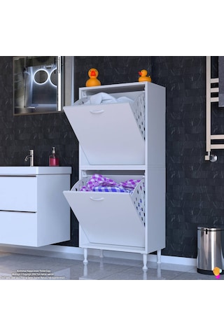 Eliusta Veluna 65 Cm Kirli Çamaşır Sepetli Dolap Banyo Dolabı Beyaz 65x138x32,5 Cm 2 Sepetli Dolap Beyaz