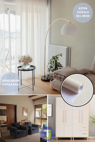 Technojet Kendinden Yapışkanlı Keten Görünümlü Mutfak Banyo Tezgah Duvar Dolap Masa Kaplama 60x300cm